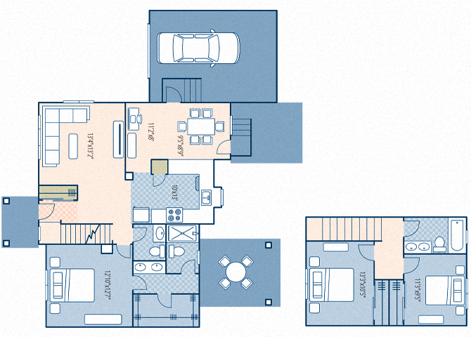 Floor plan for 3 beds, 2.5 baths, 1428 sqft